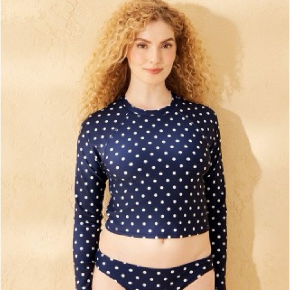 NWT $40 UPF 50+ Shade & Shore Polka Dot Long Sleeve Rash Guard XL Navy/White